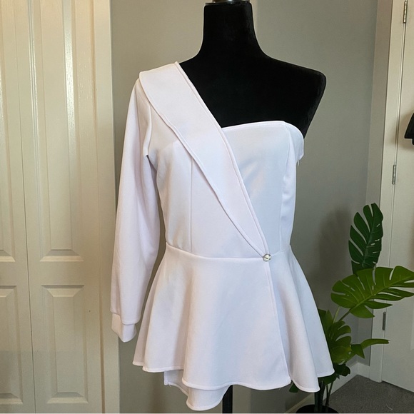 White One Shoulder Long Sleeve Top - Picture 1 of 3